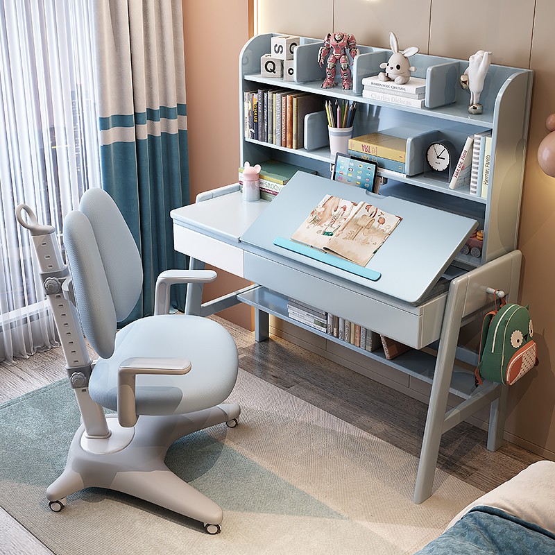 Children study table solid wood desk with bookshelves integrated lift Home Boy bedroom modern student desk