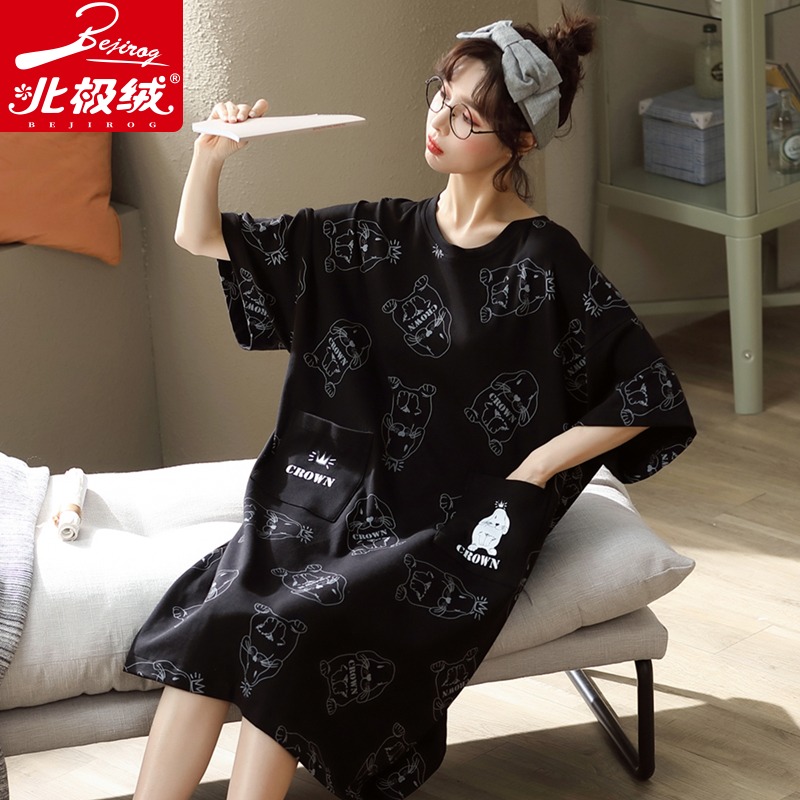 Sleeping Skirt Woman Summer 2022 New Pure Cotton Short Sleeves Large Size Thin summer black pyjamas skirt over knee long version