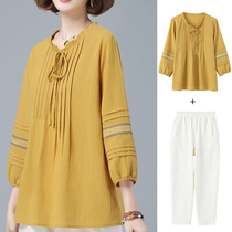 Mother summer suit female middle-aged long sleeve T-shirt 2021 new middle-aged cotton short sleeve shirt top