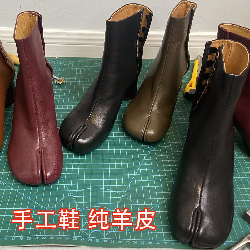 Handmade Pure Sheepskin Martin Boots, Split-Toe Boots, Chelsea Boots, Genuine Leather Pig's Trotters High-Heeled Short Boots, Versatile Pig's Trotters Mid-Calf Boots