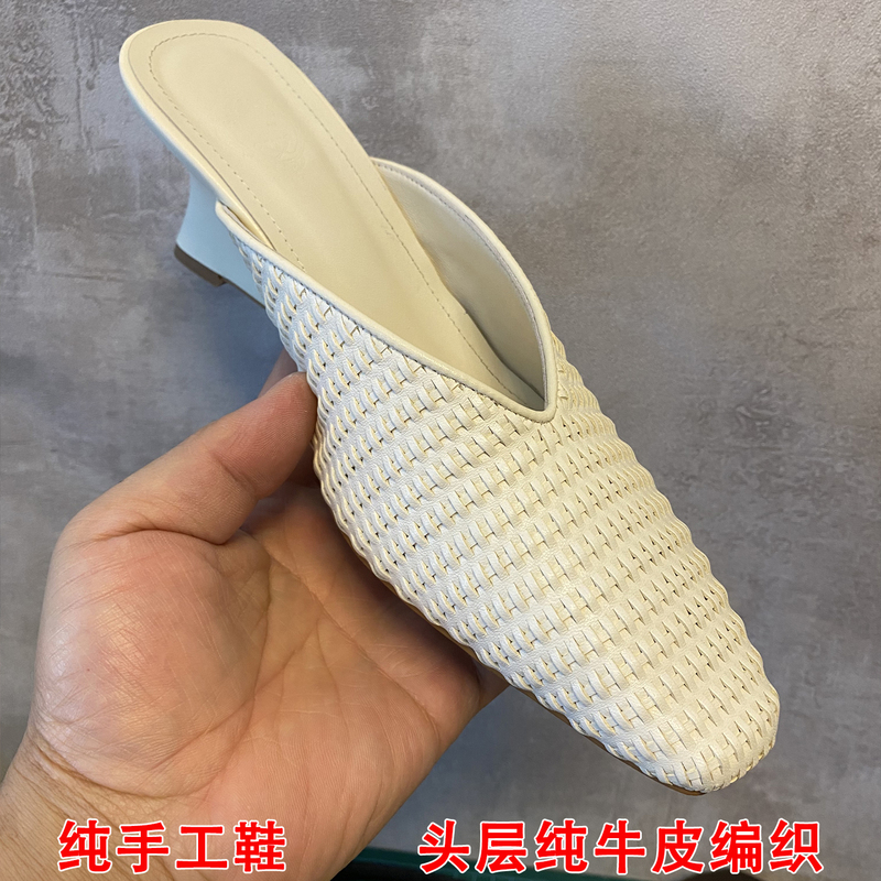 Genuine Leather Hand-Woven Top-Layer Cowhide Closed-Toe Slippers for Women, Summer Outdoor Wear, Square Toe, High Heel, Slimming Wedge Heel Mules for Women Genuine Leather Hand-Woven Top-Layer Cowhide Closed-Toe Slippers for Women, Summer Outdoor Wear, Square Toe, High Heel, Slimming Wedge Heel Mules for Women