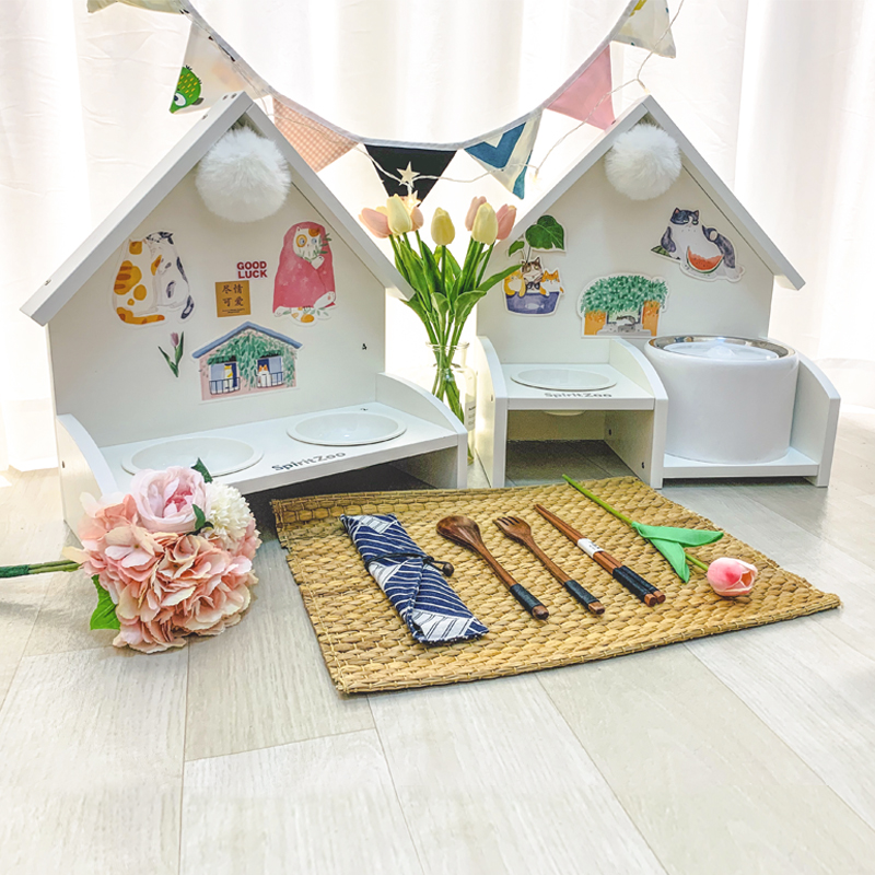 SpiritZoo solid wood waterproof small house table small pep drinking rack cat bowls rack cat food pelvis