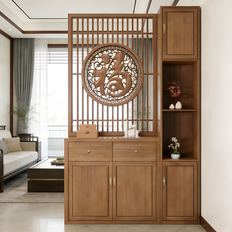 Chinese-Style Solid Wood Screen Partition Cabinet with Integrated Entrance Cabinet, Featuring a Fortune Character Relief, Used as a Partition Cabinet for the Living Room Entrance and Storage Cabinet