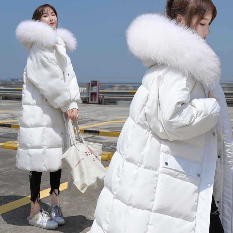 White Goose down Large Fur Collar White down Jacket for Women, Mid-Length, 2025 New Winter Loose Fit, Over-The-Knee Long Style