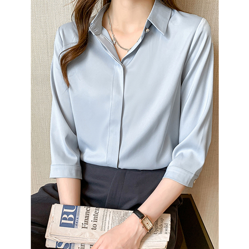 【Skin-Friendly and Smooth】Spring and Summer Professional White Shirt for Women, Three-Quarter Sleeves, High-End Satin, Simple Interview Formal Top, Ol Style 【Skin-Friendly and Smooth】Spring and Summer Professional White Shirt for Women, Three-Quarter Sleeves, High-End Satin, Simple Interview Formal Top, Ol Style