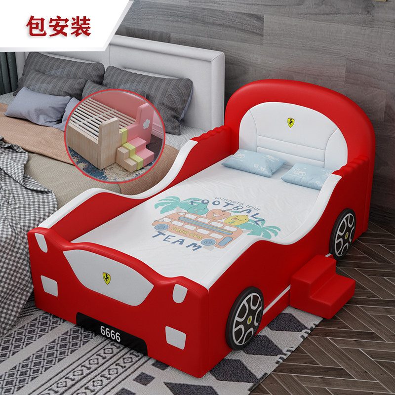 Children's stitching cot boy baby 1 2m widened solid wood soft bag single with guardrail car stitching bedside bed