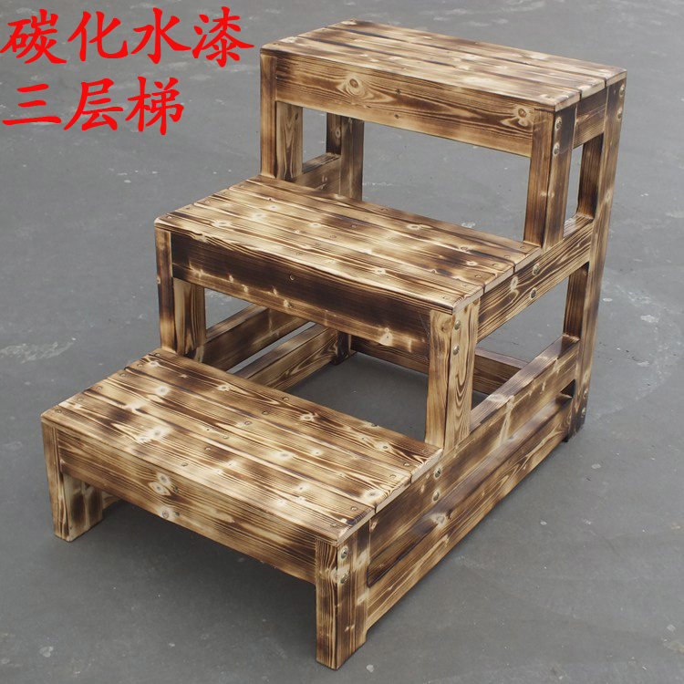 Solid wood steps pedal double-layer multi-layer 3-layer ladder Chinese carbonized outdoor balcony wooden frame can be customized antique