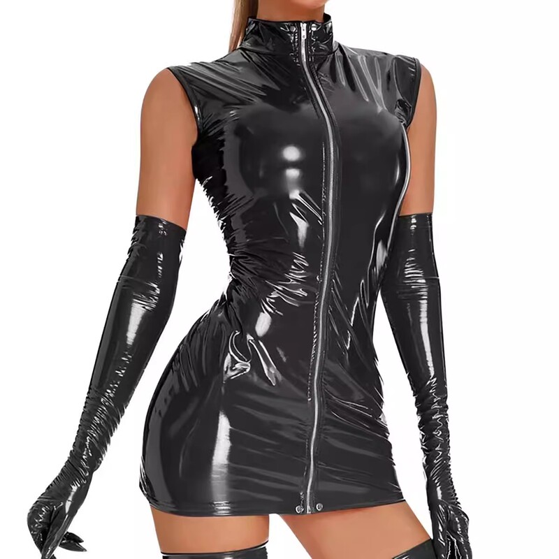 Plus-Size High-Gloss Women's Pvc Bodycon Leather Skirt, Sexy Sleeveless Mirror Leather Skirt, Shiny Leather Dress, Cross-Dressing Short Skirt