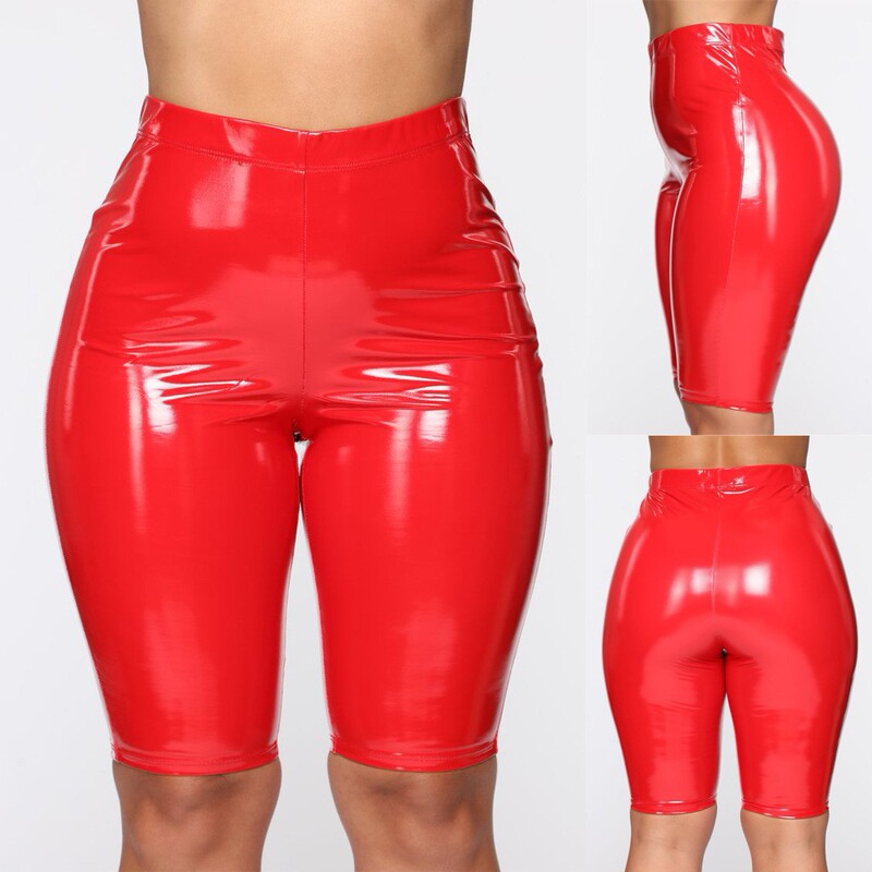 Glossy Pu Five-Point Leather Pants for Outer Wear, Thin Mirror Shorts, Elastic High-Waisted Tight-Fitting Nightclub Butt-Lifting Leggings Casual Pants