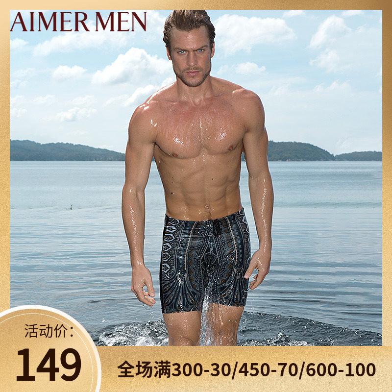 Special price AIMER Mr. swimsuit elastic printed swimming spa men's flat corner swimming pants NS66869