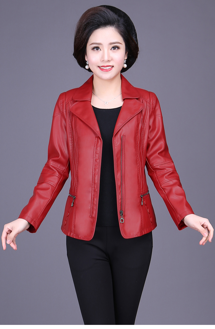 Phụ nữ trung niên mùa xuân và mùa thu PU da của phụ nữ áo khoác ngắn phù hợp với thanh niên áo khoác cổ áo 8716 áo da bò xịn