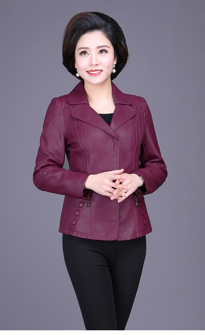 Phụ nữ trung niên mùa xuân và mùa thu PU da của phụ nữ áo khoác ngắn phù hợp với thanh niên áo khoác cổ áo 8716 áo da bò xịn