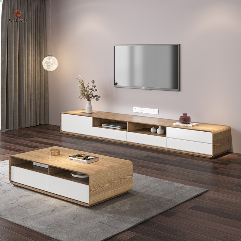 Modern minimalist TV cabinet coffee table combination package creative large and small apartment floor cabinet log color Japanese style video cabinet