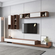 Simple and modern retractable TV cabinet Nordic small apartment walnut color black TV cabinet coffee table wall cabinet combination