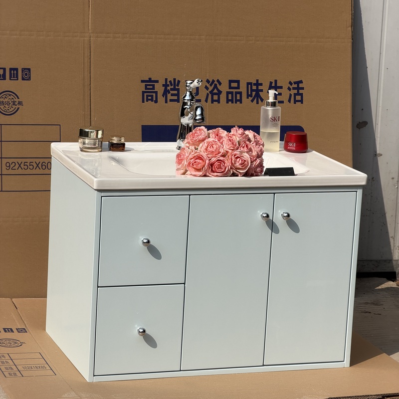 Blue Stunning Solid Wood Bathroom Cabinet Set with Integrated Washbasin, Sink, and Ceramic Basin