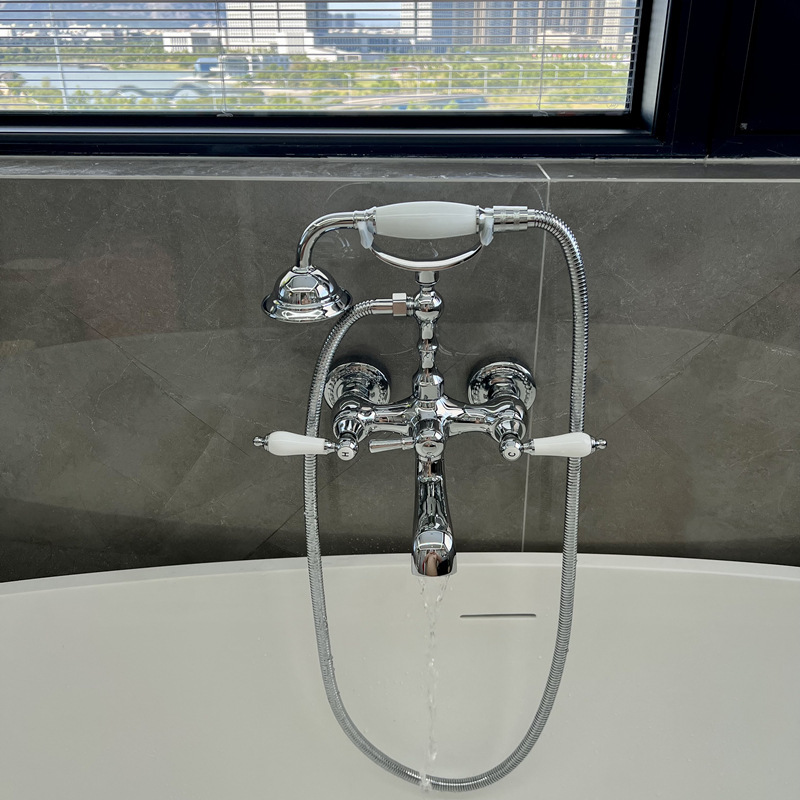 French-Style Vintage Brass Chrome-Plated Wall-Mounted Shower Set with Electroplated Simple Bathtub Telephone and Ceramic