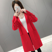 2021 new womens long spring and autumn red sweater coat womens net red Korean loose thin knitted cardigan