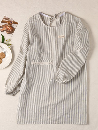 Korean-Style Artistic Fresh Striped Thin Breathable Cotton Apron for Home Kitchen Use, Anti-Stain Housework Long-Sleeve Smock