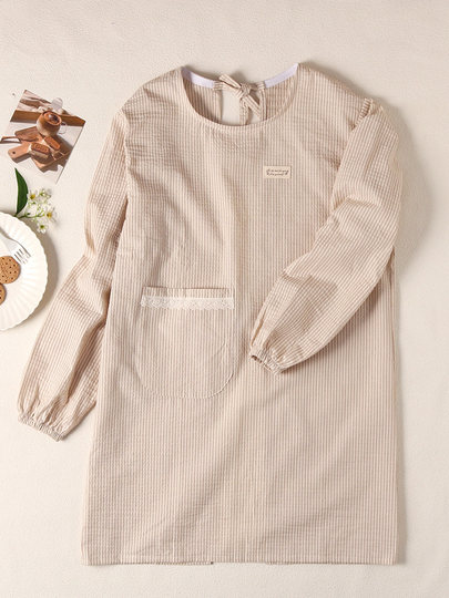 Korean-Style Artistic Fresh Striped Thin Breathable Cotton Apron for Home Kitchen Use, Anti-Stain Housework Long-Sleeve Smock