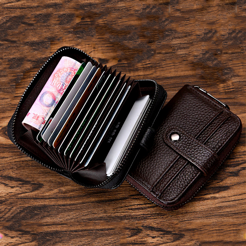 Head Layer Cow Leather Organ Cappachet Genuine Leather Rfid Male Lady Card Clip Sleeve Multifunction Document Bag Laced With Zero Wallet