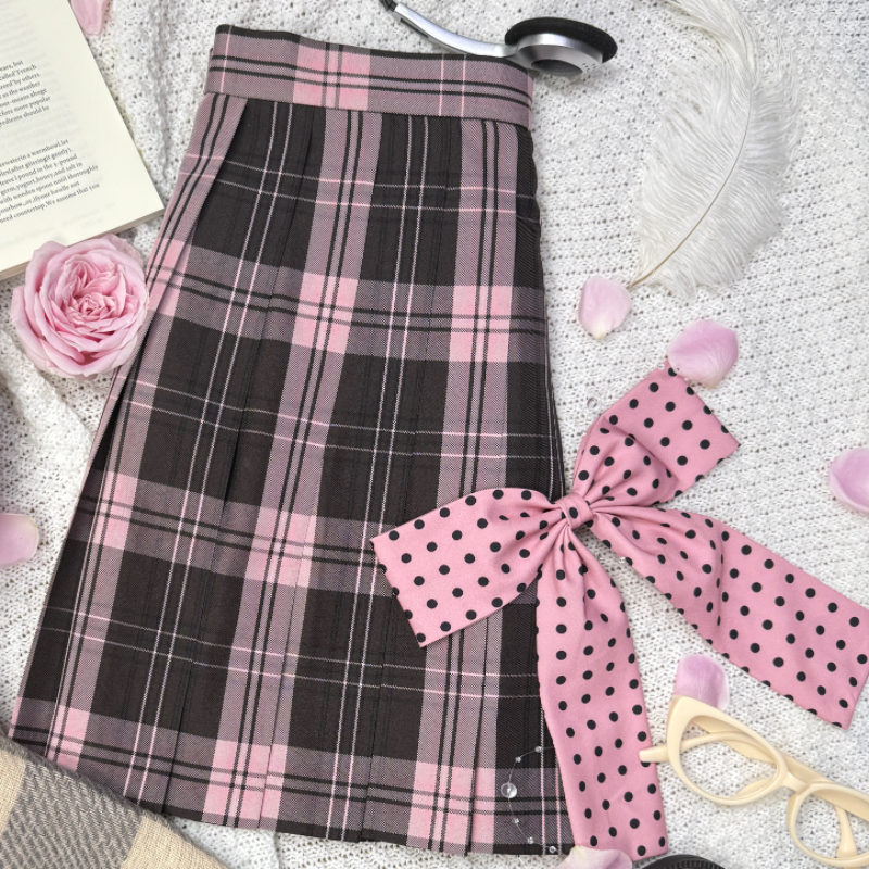 Kagayaki Original Jk [Miao Yuan Mousse] Black and Pink Plaid Student Skirt Autumn Short Skirt