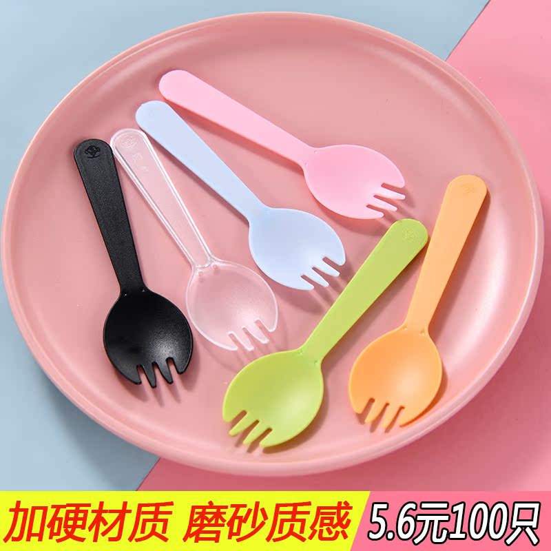 Disposable Spoon Plastic Fruit Fork Cake Fork Spoon Independent Mount Sweet Spoons Fruit Fork Ice Cream Pudding Spoon