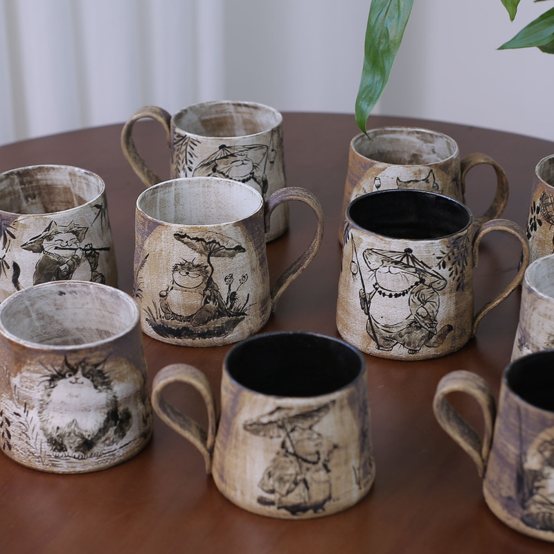 Jingdezhen Purple Clay Ceramic Hand-Painted Cat Mug with Handle, Handmade Vintage Coffee Cup, Water Cup, Gift