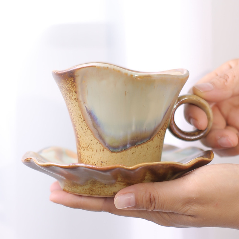 Vintage Wood-Fired Ceramic Coffee Cup with Saucer, Handmade Wabi-Sabi Style, Suitable for Afternoon Tea, Latte Art, Water Cup, Mug, Gift