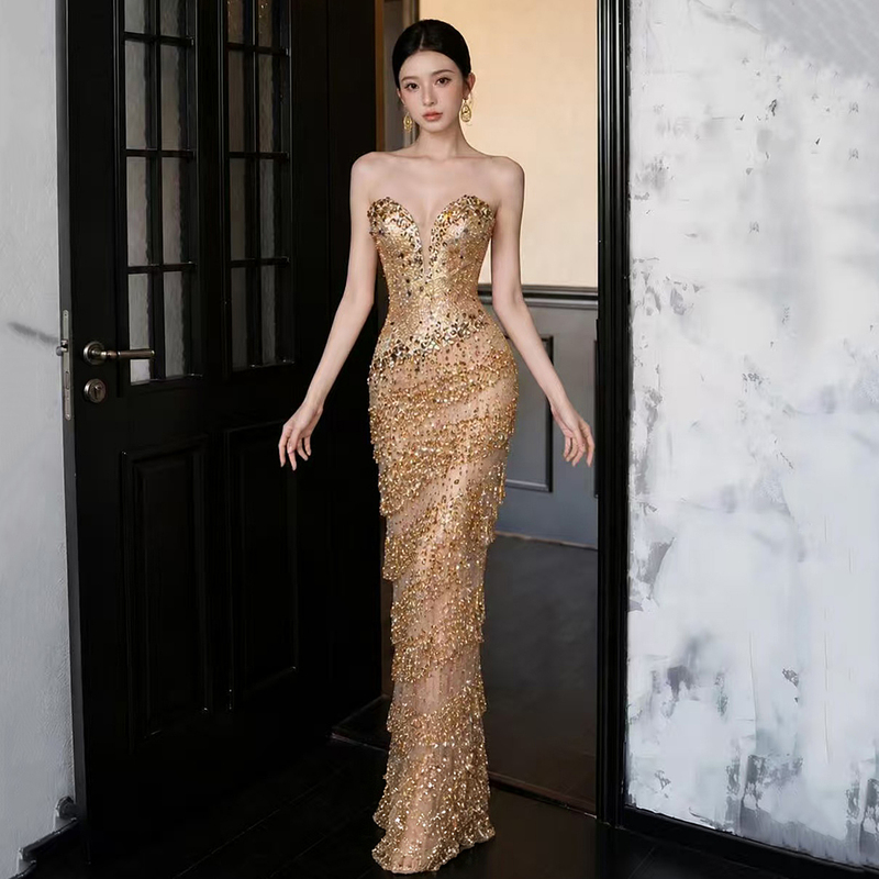 Heavy-Duty Gold Sequin Strapless Evening Dress for Women, High-End Tassel Luxury Engagement Banquet Toast Dress for Bride