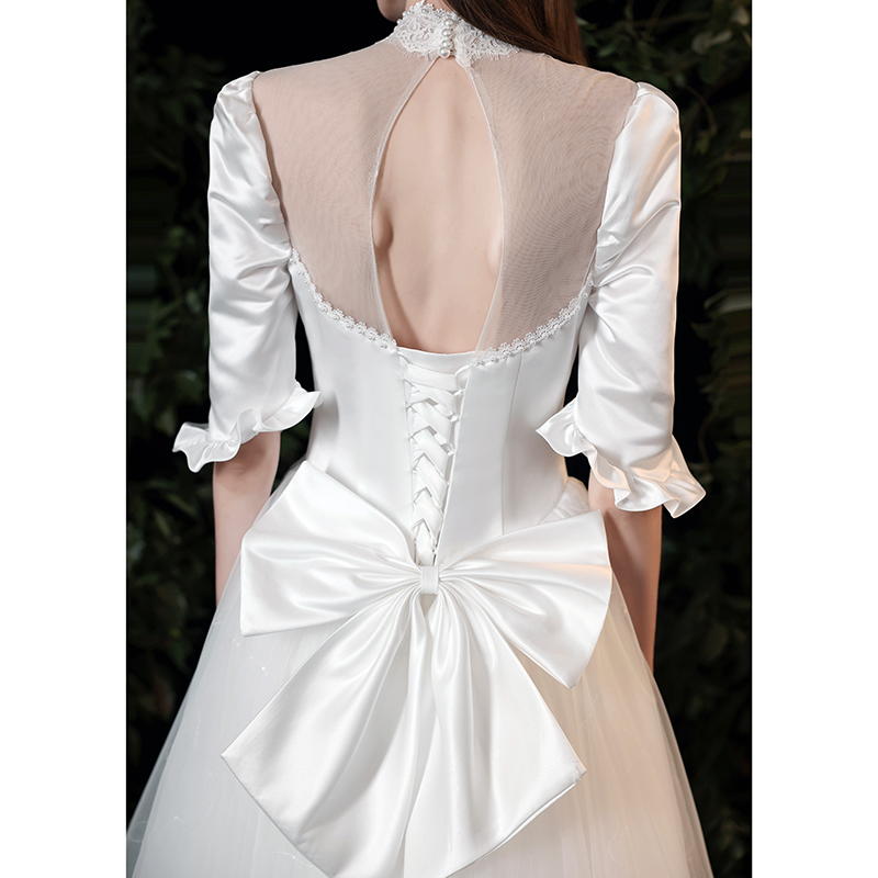 Satin main wedding dress 2021 new bride French retro and simple bow small light wedding dress out of the door Satin main wedding dress 2021 new bride French retro and simple bow small light wedding dress out of the door
