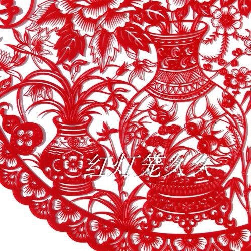 Sun-Resistant Hollow-Out Flocking Fabric Paper-Cut Window Decoration with the Character for Peace in All Seasons, 44cm, Spring Festival Housewarming Living Room Decoration, Chinese Style