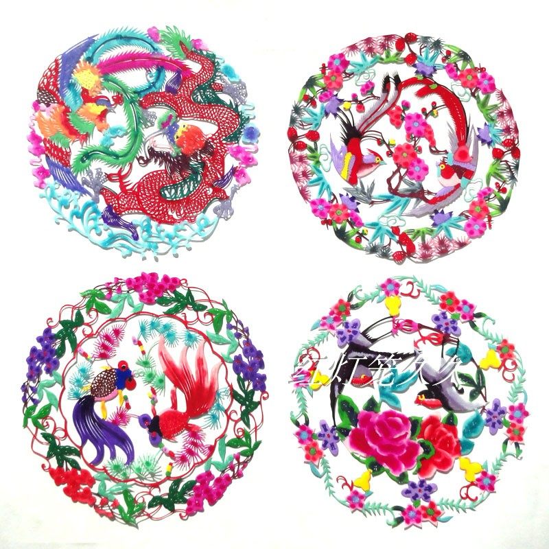 Year of the Rabbit color hand-cut paper-cut window flower blessing word window stickers dragon and phoenix Chengxiang 25 cm wedding decoration gift without adhesive