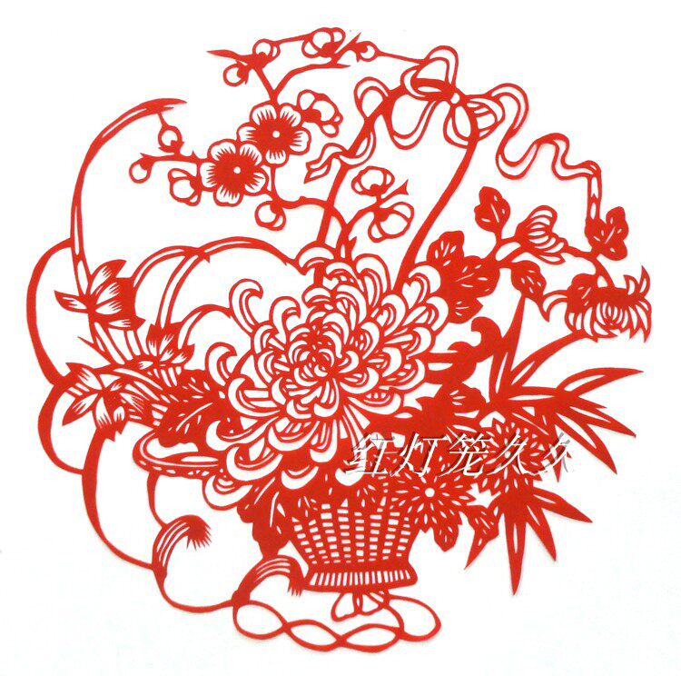 Handmade paper-cut window flowers plum, orchid, bamboo and chrysanthemum (flower basket) 27 cm decorative painting Chinese style gift birthday classroom