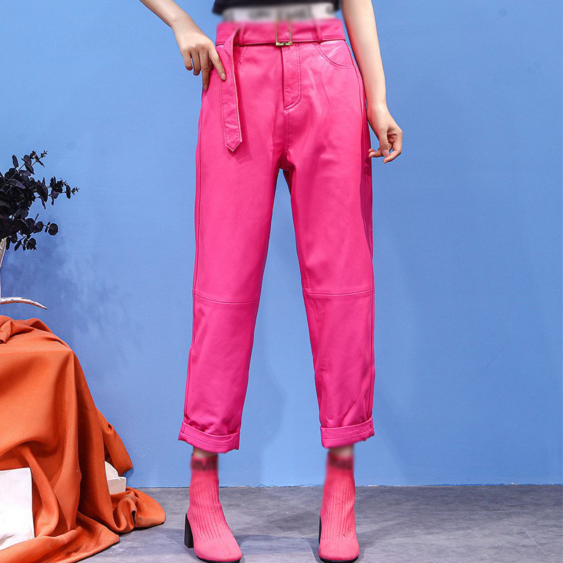 Leather pants women's leather loose and thin harem pants 2022 autumn and winter new trend sheepskin casual nine-point wide-leg pants