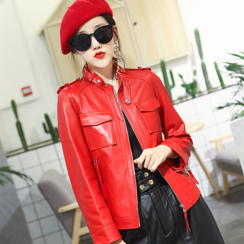 Spring and autumn new casual wild sheepskin leather clothing women slim slim stand-up collar leather jacket leather motorcycle jacket