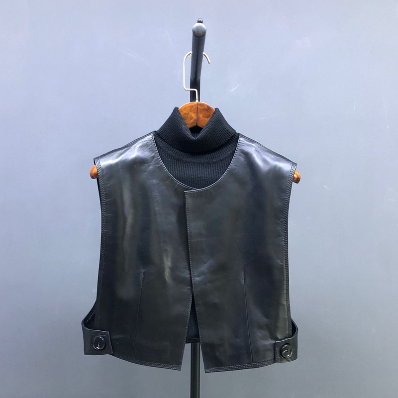 Sheepskin Loose Large Size Genuine Leather Vest for Women, Versatile Casual Sleeveless Leather Jacket, New Round Neck Slimming Leather Vest