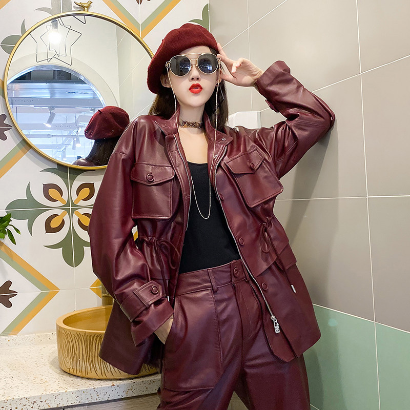 New leather cargo coat female sheep skin casual loose large size jacket street style personality motorcycle leather