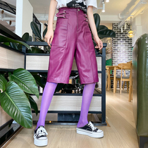 Casual leather pants womens leather heavy industry wide leg pants Spring and Autumn New sheep leather five-point pants loose Joker straight pants