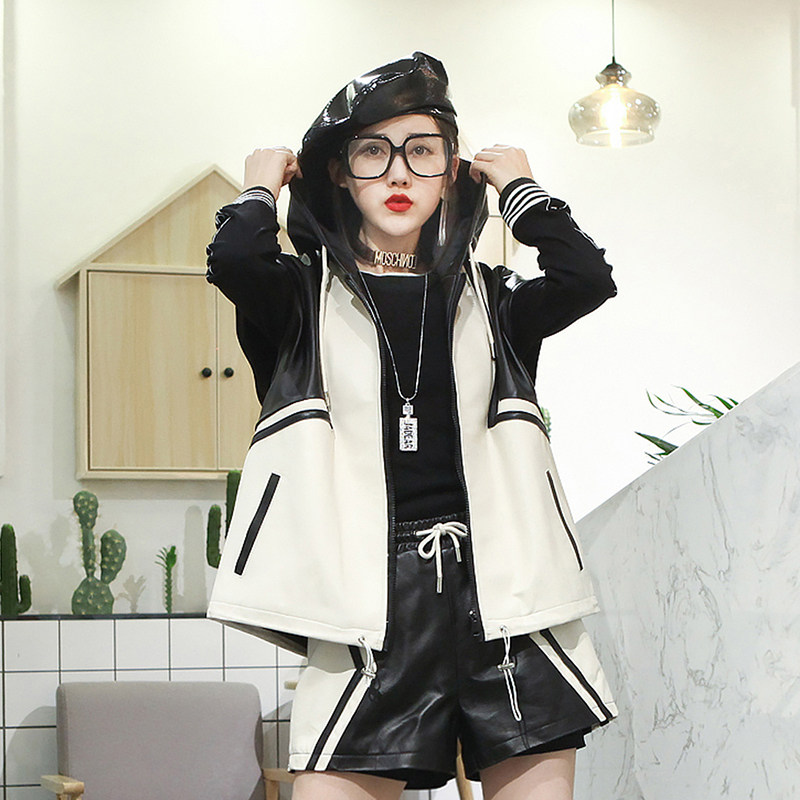 Genuine Leather Sport Wind Leather Clothing Women Sheep Leather Casual Loose Ram Color Horse Chia Fashion Big Size Dress With Cap Tide Jacket