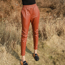 Autumn and winter new leather leather pants womens elastic waist nine-point pants slim-fit full leather pencil pants fashion temperament sheepskin pants
