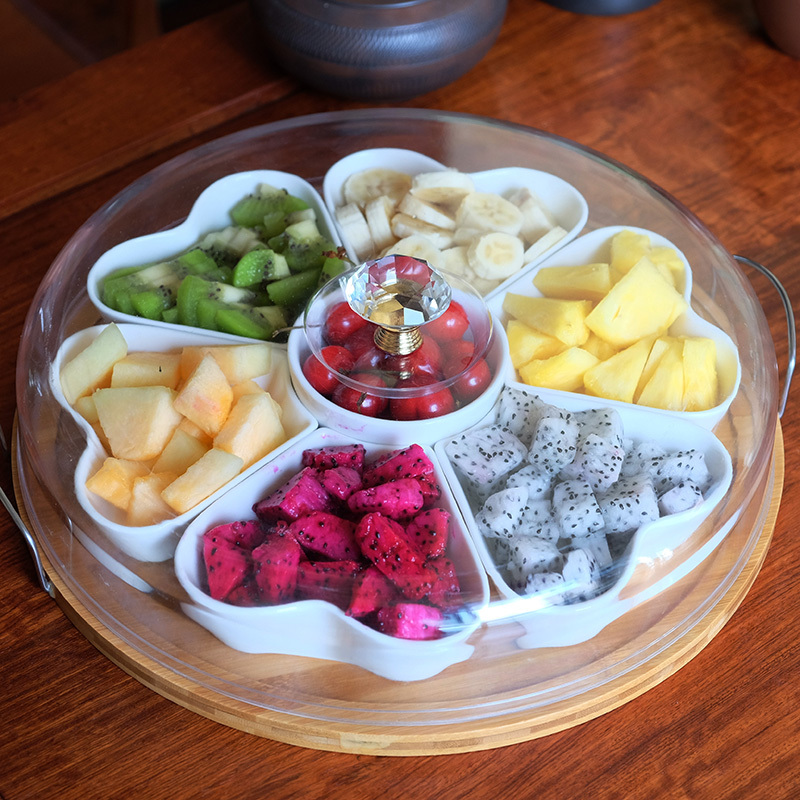 Yuelong Ceramic Heart-Shaped Fruit Plate with Lid, Divided Snack Dried Fruit Plate, Multi-Grids Afternoon Tea Plate, Party Snack Box