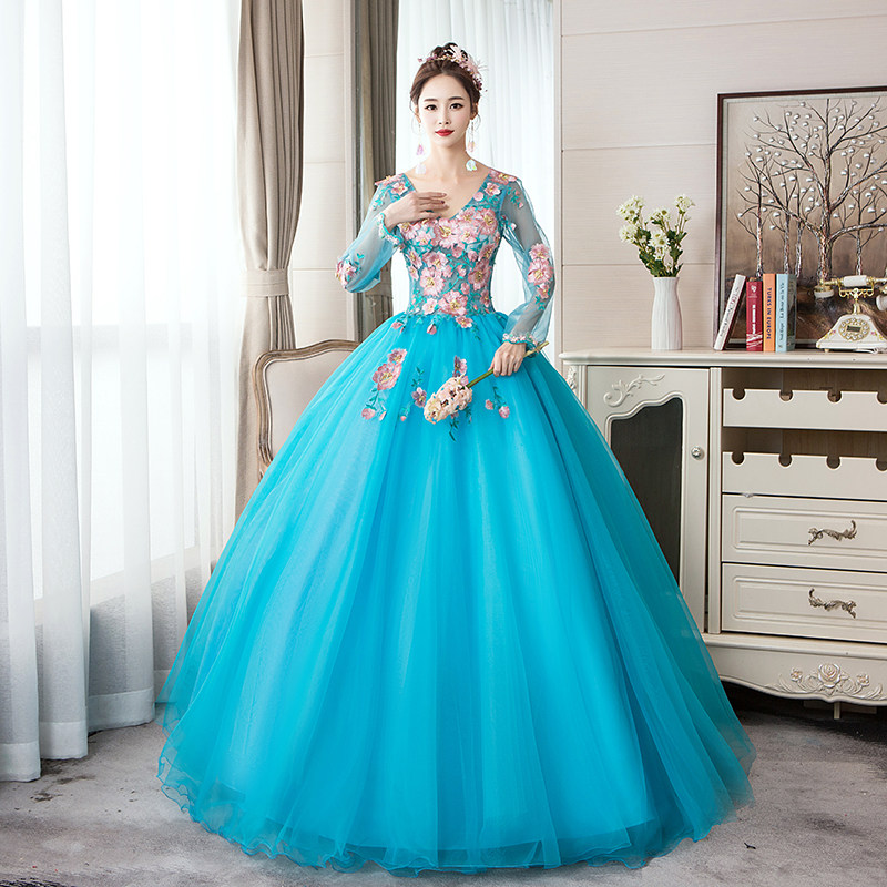 Evening gown 2023 new artichos solo show Dress Fluffy skirt Slim Big Code Long Sleeve Beauty Sound Host Evening Dress-Taobao
