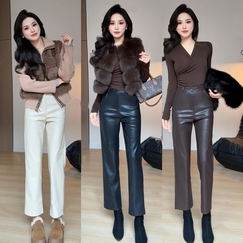 Women's Autumn and Winter New High-Waisted Slim Straight-Leg Versatile Loose Slimming Protein Pu Leather Pants Casual Cropped Pants
