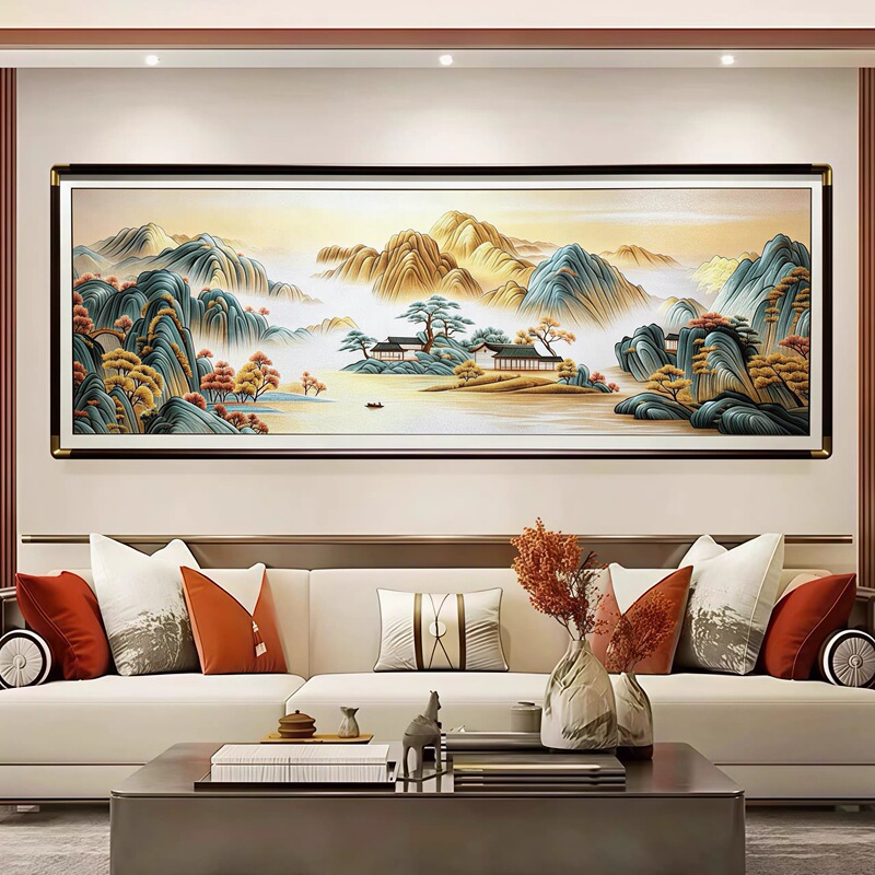Embroidered Landscape Wall Art for Living Room,金山聚宝盆 (金山聚宝盆 Is Likely a Mistranslation and Should Be Omitted or Explained), Sofa Background Wall Decoration, Embroidery, Grand Landscape Mural, Villa Hanging Painting