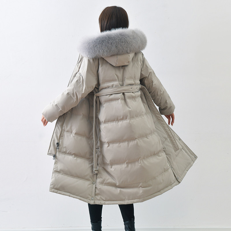 Women's down jacket 2021 new women's winter mid-length Korean version of the waist fashion white duck down big fur collar coat tide
