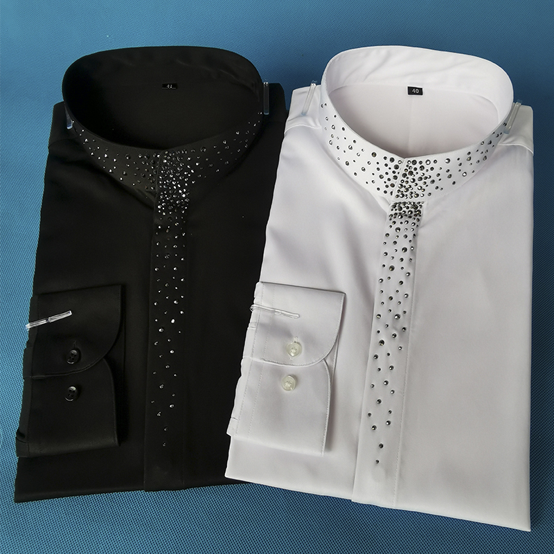 Men's Stand-Up Collar Diamond-Encrusted Long-Sleeved Evening Dress Shirt Banquet Art Exam Broadcasting Host Shirt Chorus Performance Clothing