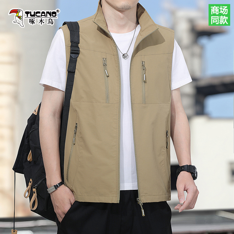 Woodpecker Men's Multi-Pocket Photography Vest, Thin Sleeveless Vest, Casual Fishing Vest, Fleece-Lined and Thickened Gilet