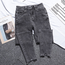 2021 spring new foreign air smoke gray broken hole jeans female slim small feet elastic tight nine Cat Claw