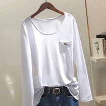 Early Autumn white long sleeve T-shirt women loose thin 2019 Korean version of new Korean solid color big round neck shirt shirt