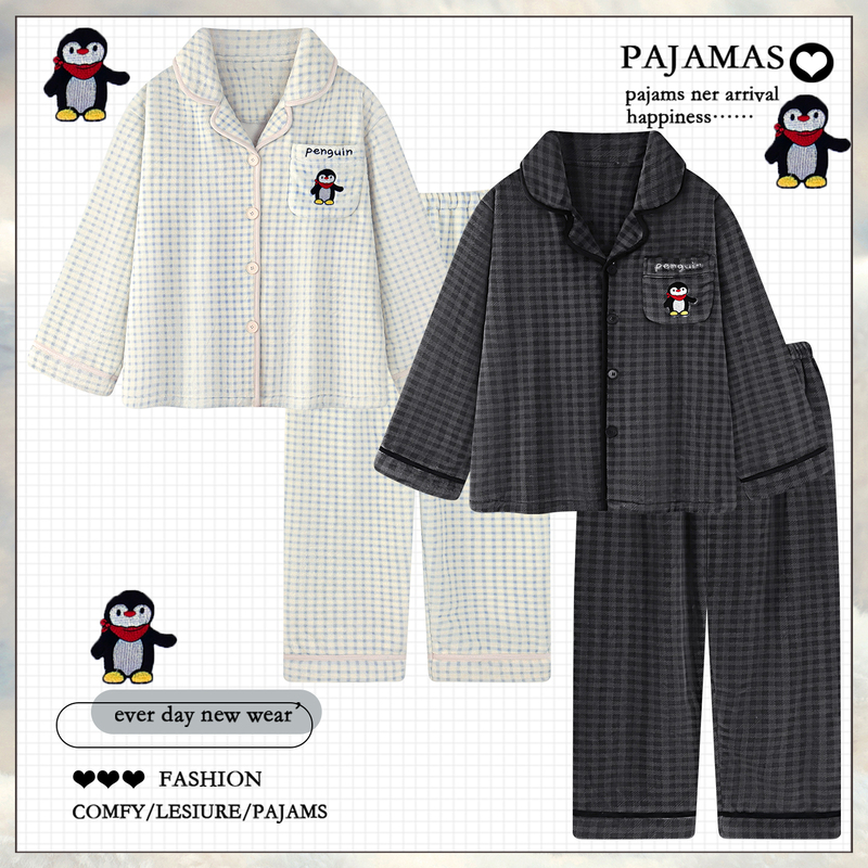 Cartoon Plaid Coral Velvet Pajamas for Couples, One Man and One Woman, Autumn and Winter Fleece-Lined and Thickened Flannel Home Clothes